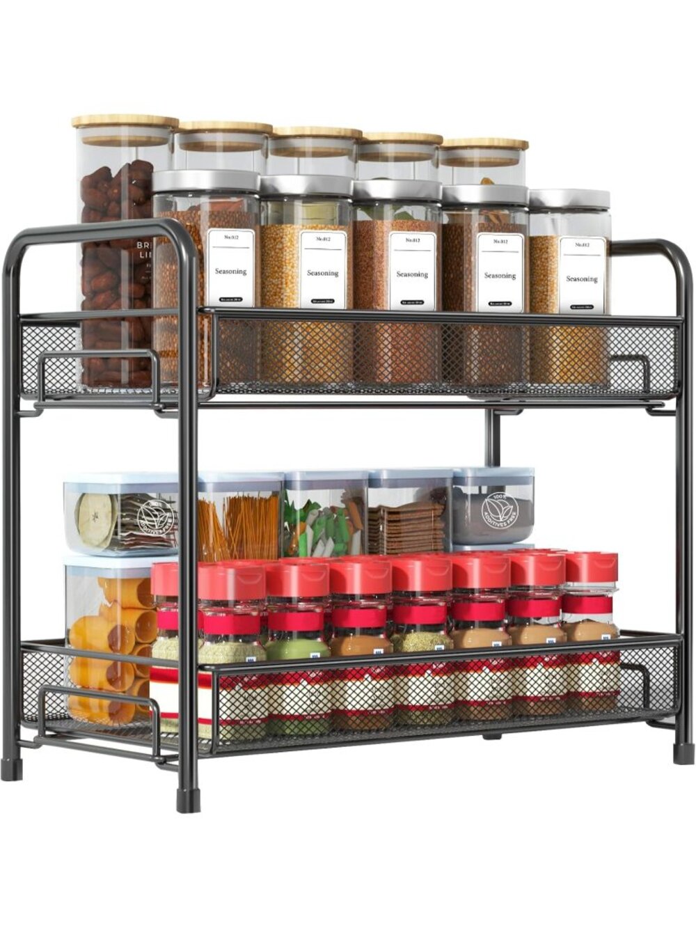 New 2-Tier Metal Spice Rack 15.8 x 7.9 x 11.8 inch Shelf Guardrail Mesh